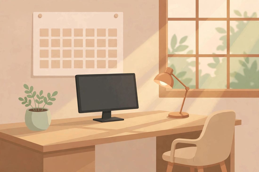 Leerer Büroschreibtisch mit Stuhl und Monitor